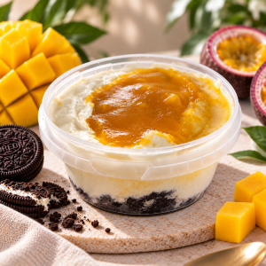 Deser jogurtowy z ciasteczkiem Oreo i wsadem owocowym Mango-Marakuja