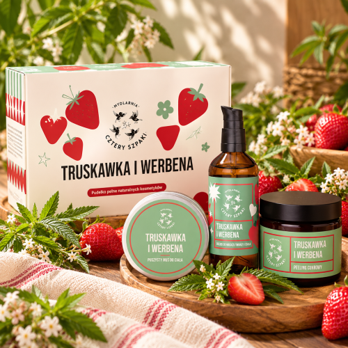 Naturalny zestaw prezentowy kosmetyków truskawka i werbena tri mydlarnia 4szpaki.png